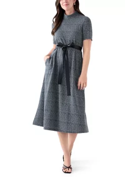 Women's Short Sleeve Mock Neck Bouclé Dress with Belt