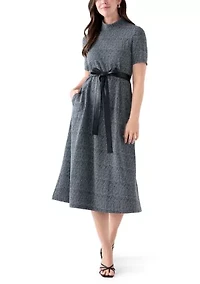 Women's Short Sleeve Mock Neck Bouclé Dress with Belt