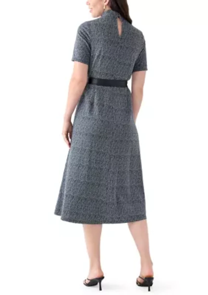 Women's Short Sleeve Mock Neck Bouclé Dress with Belt