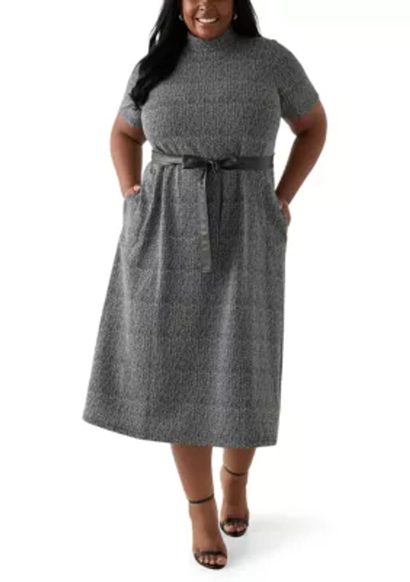 Plus Short Sleeve Mock Neck Bouclé Dress with Belt