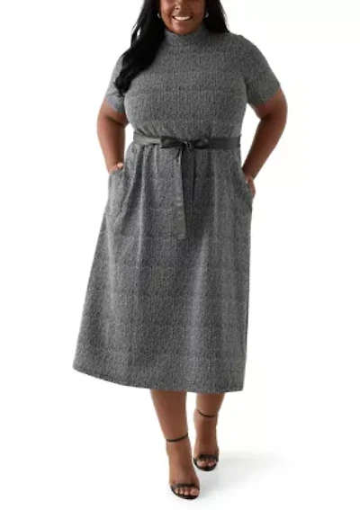Plus Short Sleeve Mock Neck Bouclé Dress with Belt