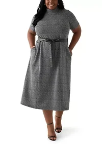 Plus Short Sleeve Mock Neck Bouclé Dress with Belt