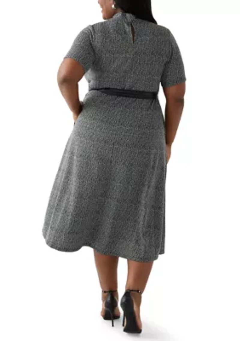 Plus Short Sleeve Mock Neck Bouclé Dress with Belt