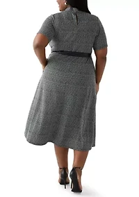 Plus Short Sleeve Mock Neck Bouclé Dress with Belt