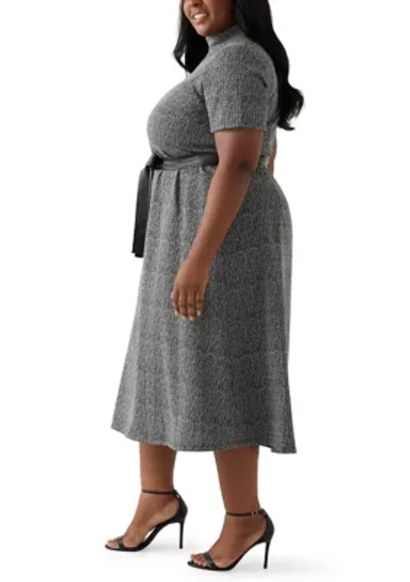 Plus Short Sleeve Mock Neck Bouclé Dress with Belt