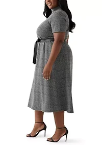 Plus Short Sleeve Mock Neck Bouclé Dress with Belt