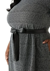Plus Short Sleeve Mock Neck Bouclé Dress with Belt
