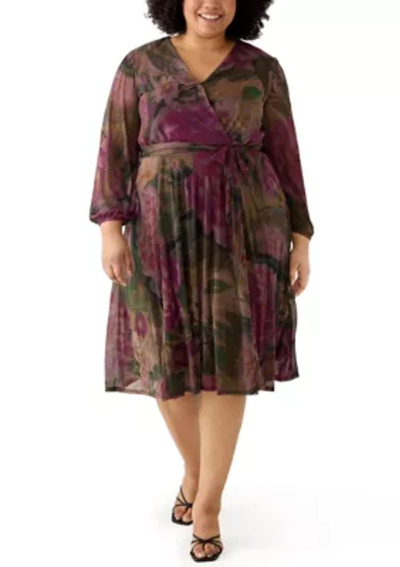 Plus Long Sleeve Mesh Tie Front Midi Dress