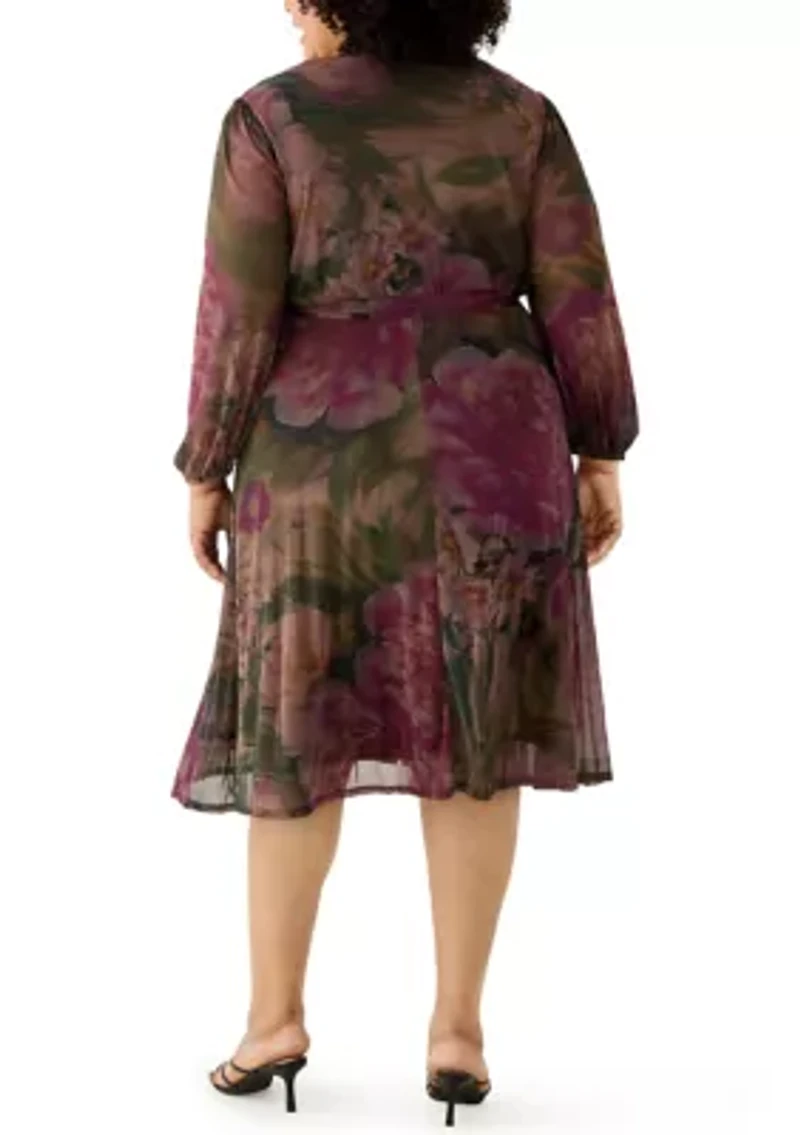 Plus Long Sleeve Mesh Tie Front Midi Dress