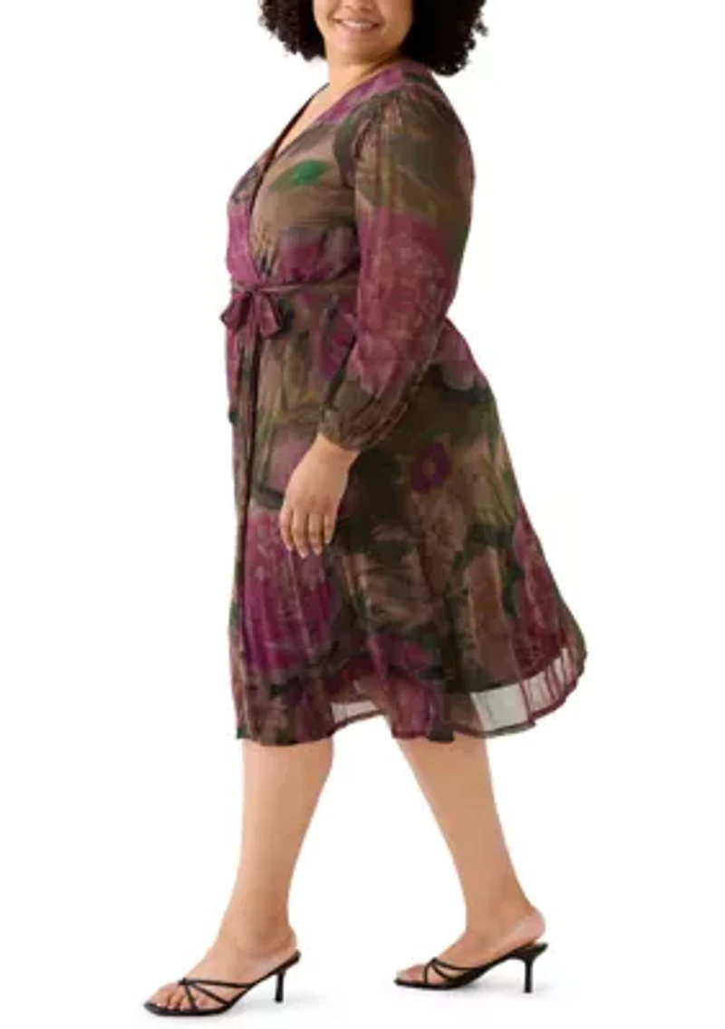 Plus Long Sleeve Mesh Tie Front Midi Dress