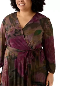 Plus Long Sleeve Mesh Tie Front Midi Dress