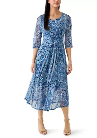 Women's Tie Waist Mesh Midi Dress