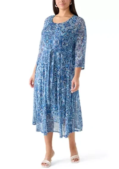 Plus 3/4 Sleeve Tie Mesh Midi Dress