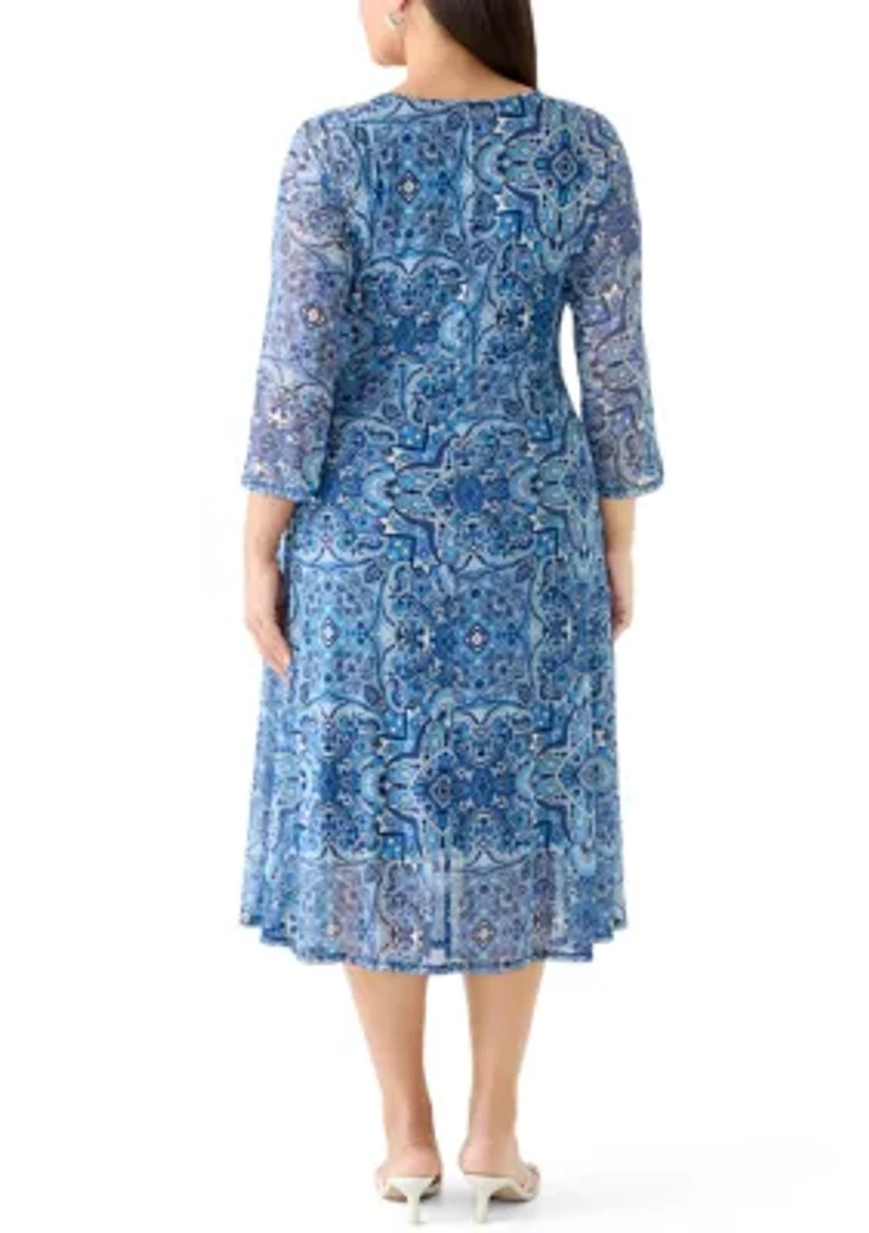 Plus 3/4 Sleeve Tie Mesh Midi Dress