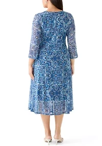 Plus 3/4 Sleeve Tie Mesh Midi Dress