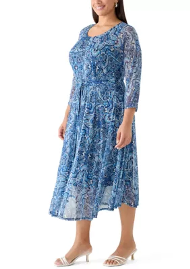 Plus 3/4 Sleeve Tie Mesh Midi Dress