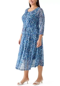 Plus 3/4 Sleeve Tie Mesh Midi Dress