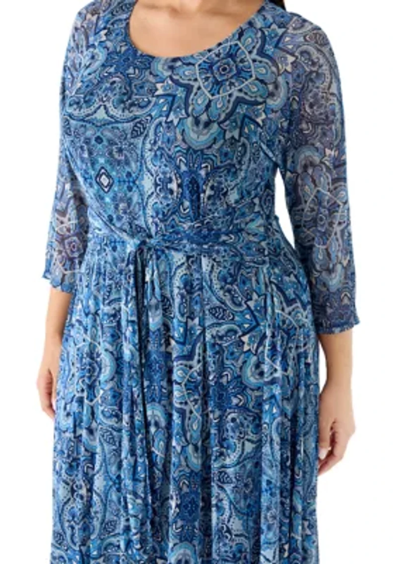 Plus 3/4 Sleeve Tie Mesh Midi Dress