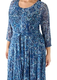 Plus 3/4 Sleeve Tie Mesh Midi Dress