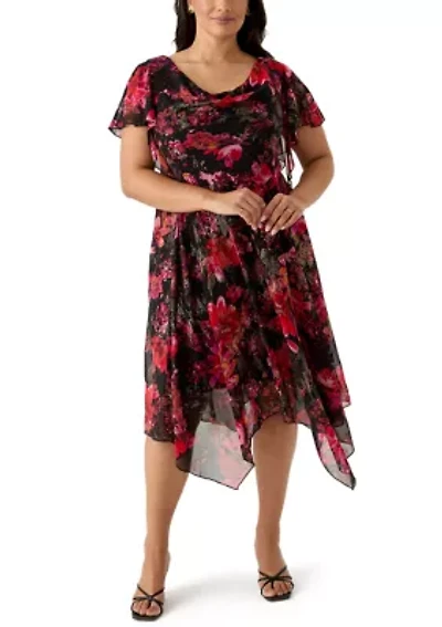 Plus Short Sleeve Cowl Neck Printed Chiffon A-Line Dress