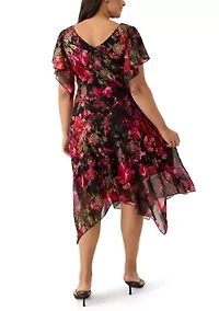 Plus Short Sleeve Cowl Neck Printed Chiffon A-Line Dress