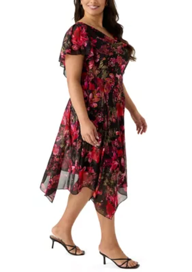 Plus Short Sleeve Cowl Neck Printed Chiffon A-Line Dress