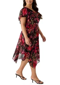 Plus Short Sleeve Cowl Neck Printed Chiffon A-Line Dress