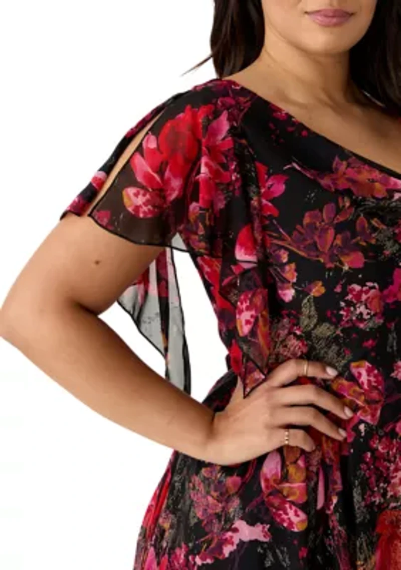 Plus Short Sleeve Cowl Neck Printed Chiffon A-Line Dress