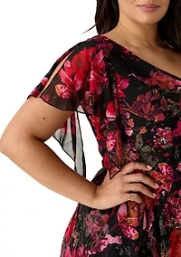 Plus Short Sleeve Cowl Neck Printed Chiffon A-Line Dress