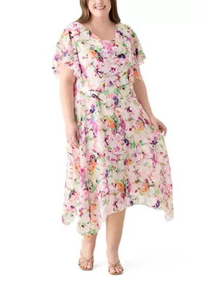 Plus Short Sleeve Cowl Neck Floral Print Chiffon A-Line Dress