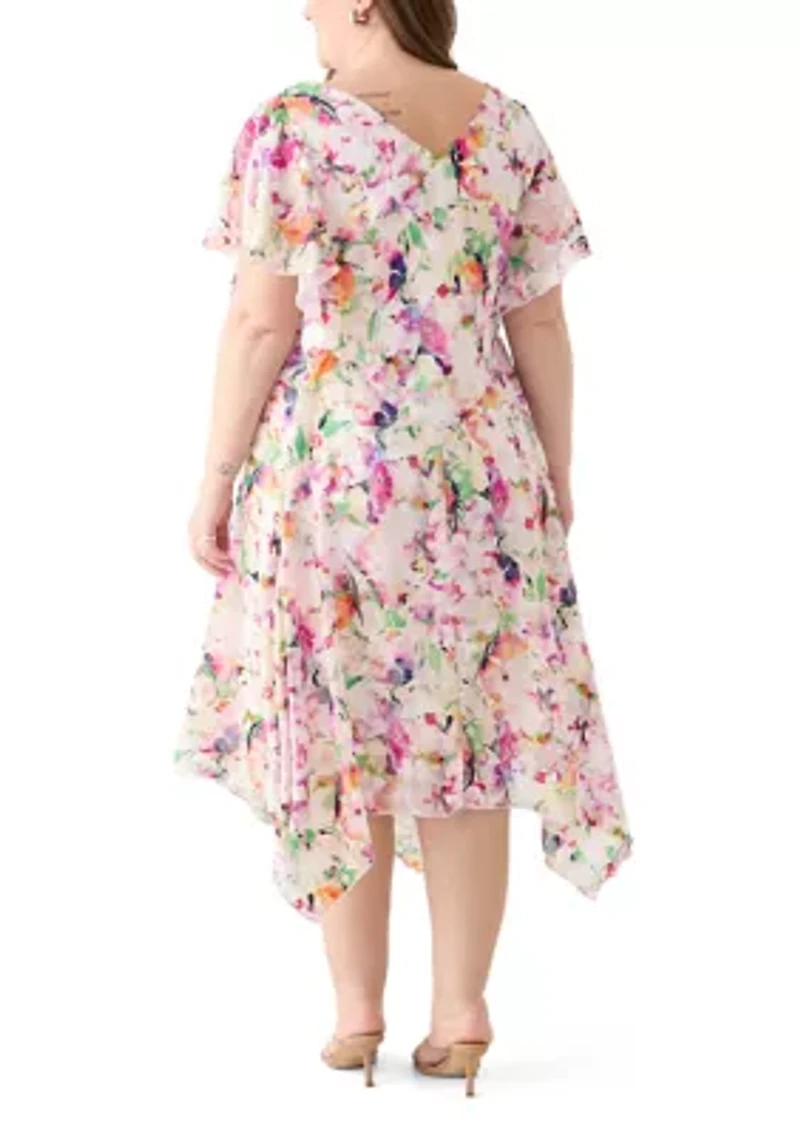 Plus Short Sleeve Cowl Neck Floral Print Chiffon A-Line Dress