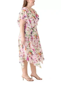 Plus Short Sleeve Cowl Neck Floral Print Chiffon A-Line Dress