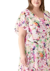 Plus Short Sleeve Cowl Neck Floral Print Chiffon A-Line Dress