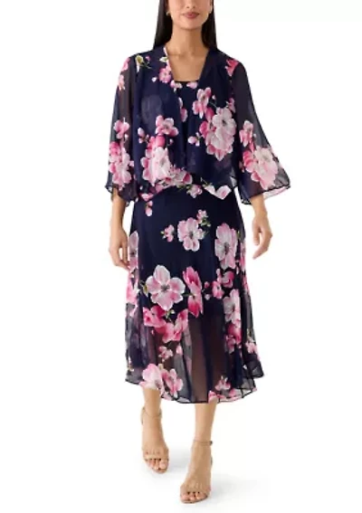 Women's 3/4 Sleeve Floral Chiffon Jacket Dress