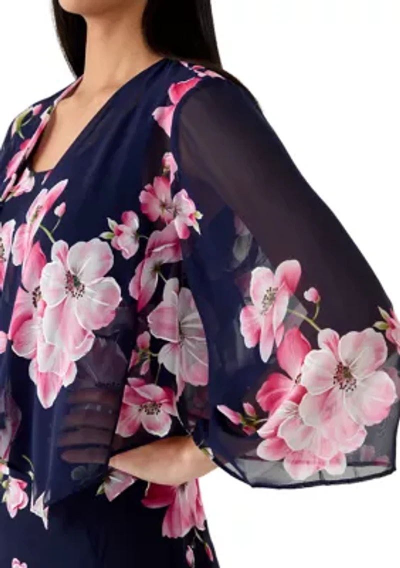 Women's 3/4 Sleeve Floral Chiffon Jacket Dress