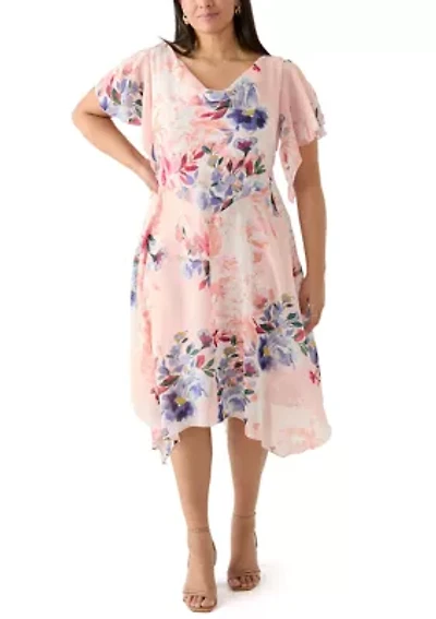 Plus Flutter Sleeve Cowl Neck Floral Print Chiffon A-Line Dress