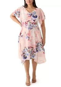 Plus Flutter Sleeve Cowl Neck Floral Print Chiffon A-Line Dress