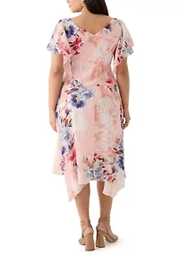 Plus Flutter Sleeve Cowl Neck Floral Print Chiffon A-Line Dress