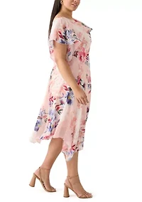 Plus Flutter Sleeve Cowl Neck Floral Print Chiffon A-Line Dress