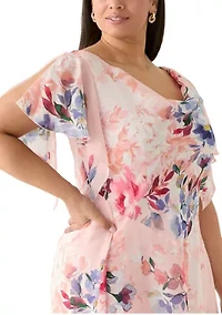 Plus Flutter Sleeve Cowl Neck Floral Print Chiffon A-Line Dress