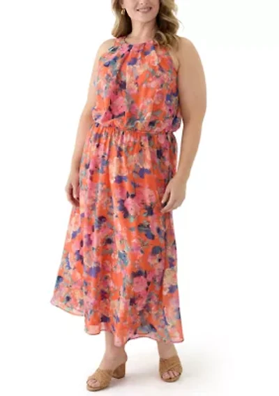 Plus Halter Neck Floral Chiffon Dress