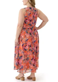 Plus Halter Neck Floral Chiffon Dress