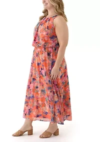 Plus Halter Neck Floral Chiffon Dress