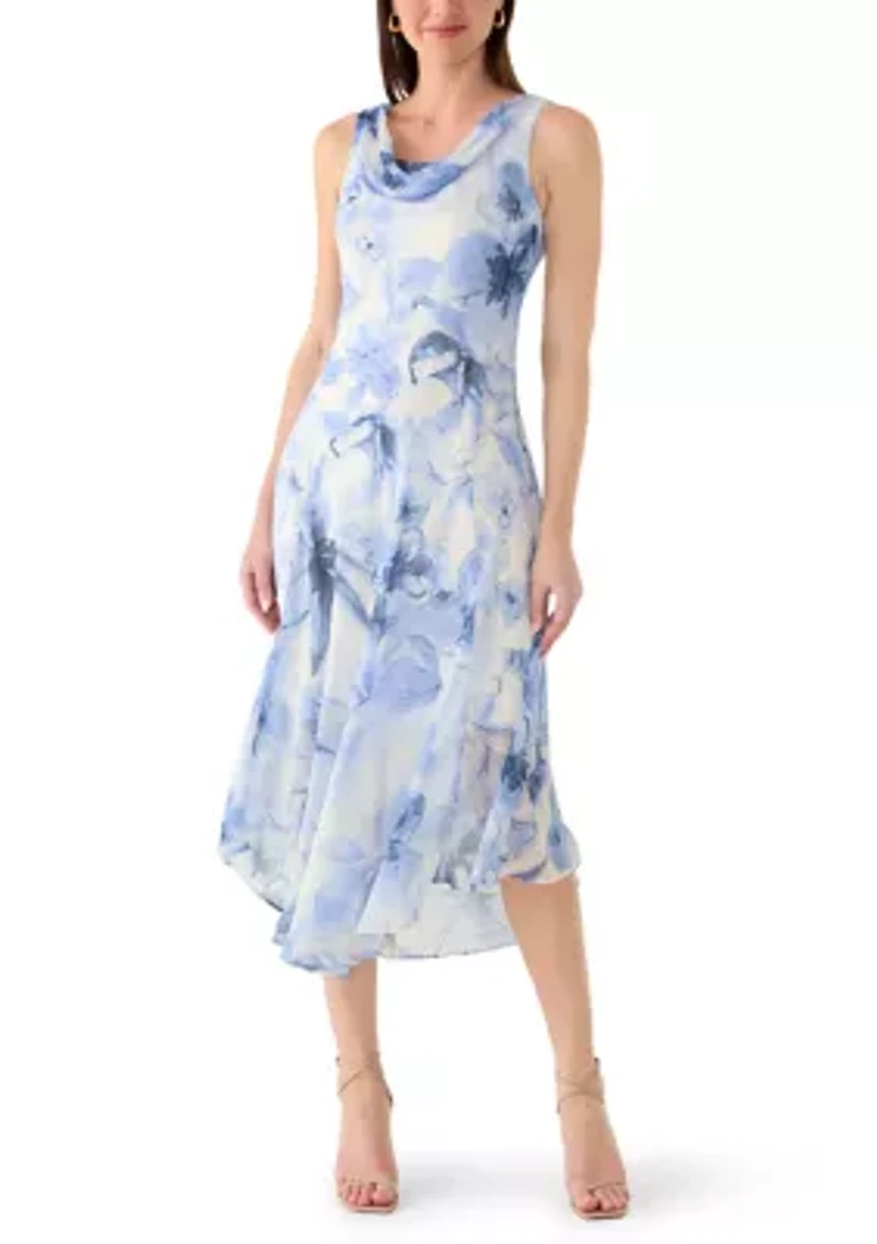 Women's Cowl Neck Floral Chiffon Midi Dress