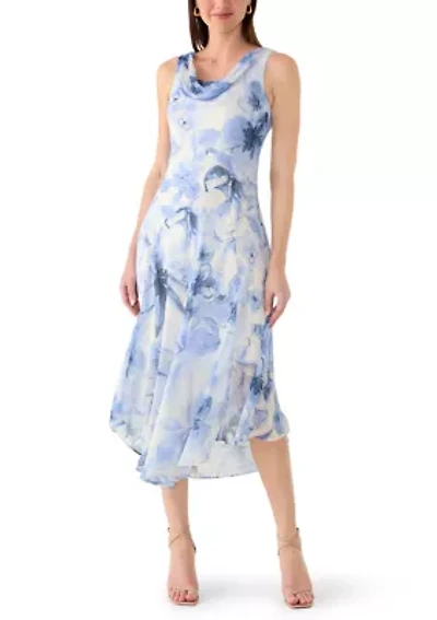 Women's Cowl Neck Floral Chiffon Midi Dress