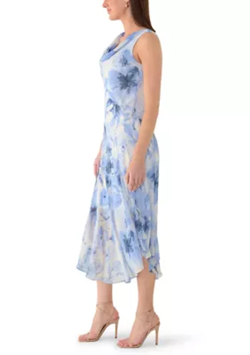 Women's Cowl Neck Floral Chiffon Midi Dress