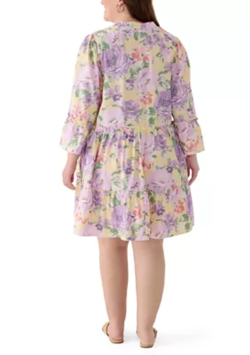 Plus 3/4 Sleeve Trapeze Midi Dress