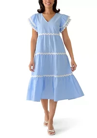 Women's Flutter Sleeve Contrast Trim Midi Dress