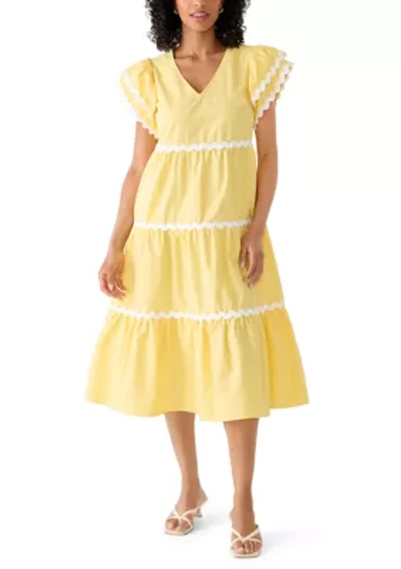 Women's Flutter Sleeve Contrast Trim Midi Dress