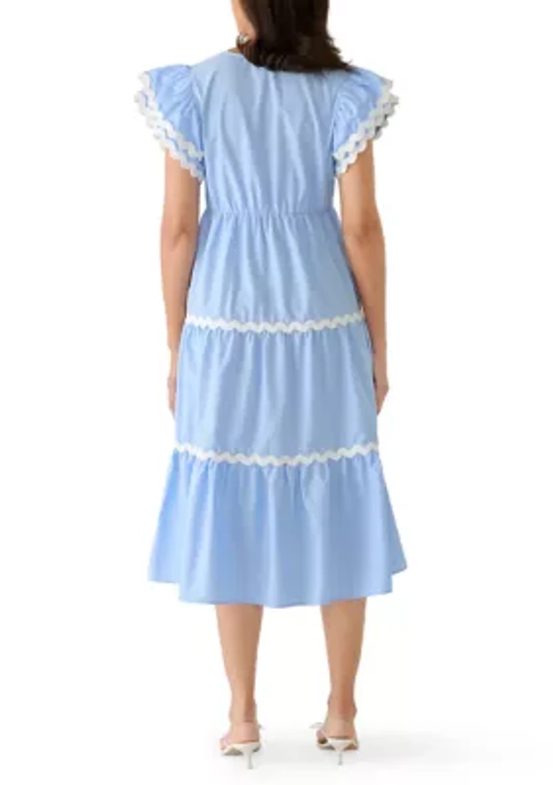 Women's Flutter Sleeve Contrast Trim Midi Dress